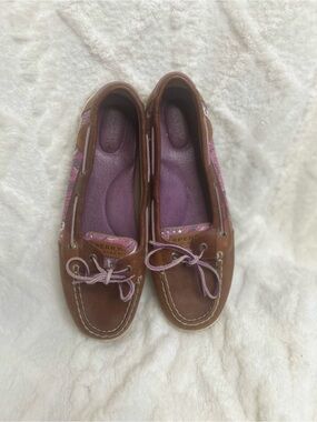Sperry Women’s Brown Leather w/ Purple/Pink Sequin Accent Boat Shoes